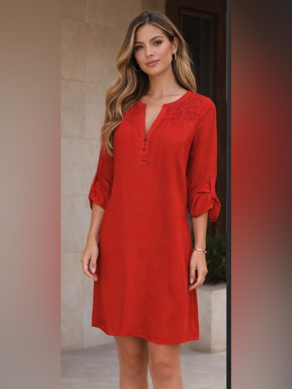 Daniel Rainn Red Tunic Dress Pleated Split Neck 3/4 Sleeve Size S